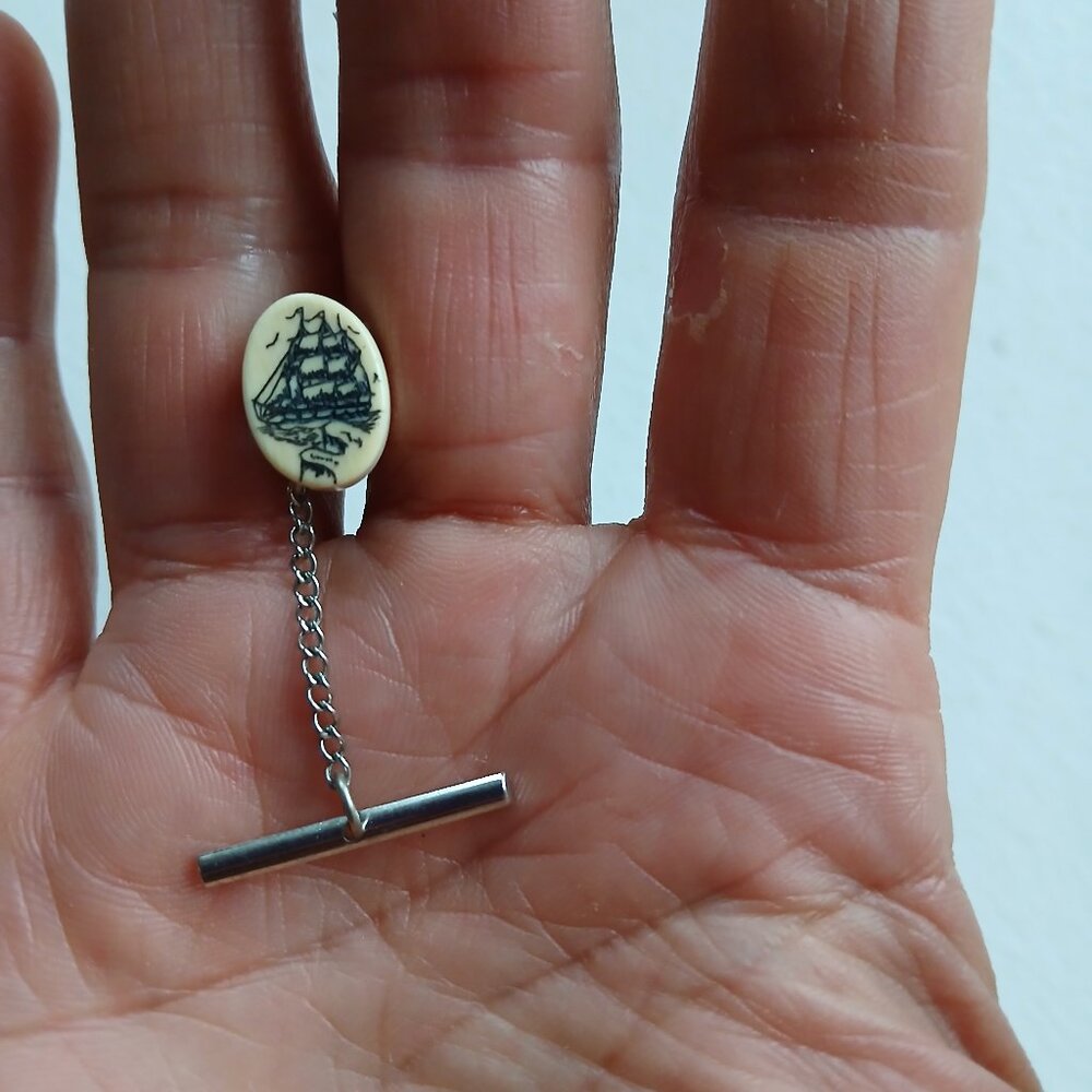 Vintage Scrimshaw Style Tie Tack Sailing Ship Nautical Maritime Men’s Jewelry